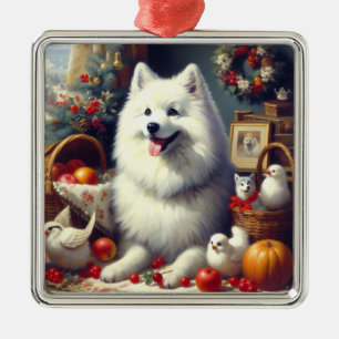 Vintage American Eskimo Painting Metal Ornament