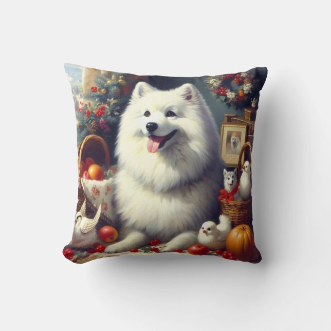 Vintage American Eskimo Painting Throw Pillow (Front)