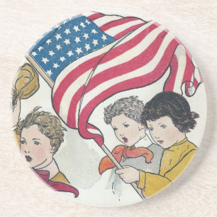 Vintage American Flag and Children Sandstone Coaster