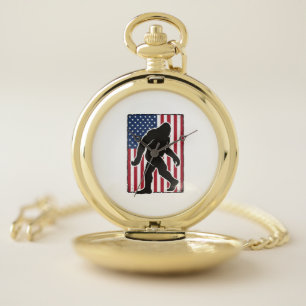 Vintage American Flag Bigfoot Silhouette Vector De Pocket Watch