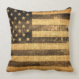Vintage American Flag Burlap Linen Rustic Jute Throw Pillow