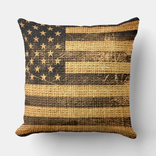 Vintage American Flag Burlap Linen Rustic Jute Throw Pillow