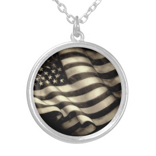 Vintage American Flag Charcoal Drawing Silver Plated Necklace