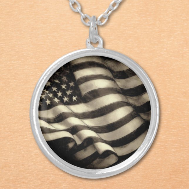 Vintage American Flag Charcoal Drawing Silver Plated Necklace (Creator Uploaded)
