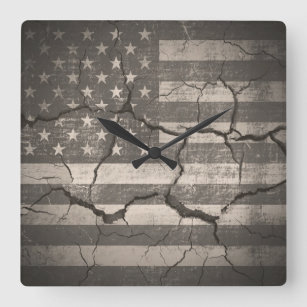 Vintage American Flag Cracked Wall Square Wall Clock