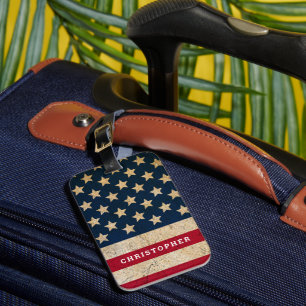 Vintage American Flag Custom Name and Address Luggage Tag