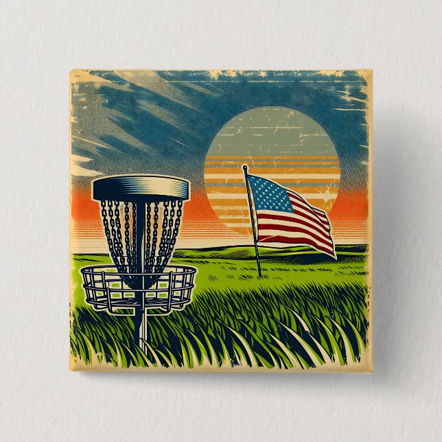 Vintage American Flag Disc Golf Vintage Sun Button (Front)