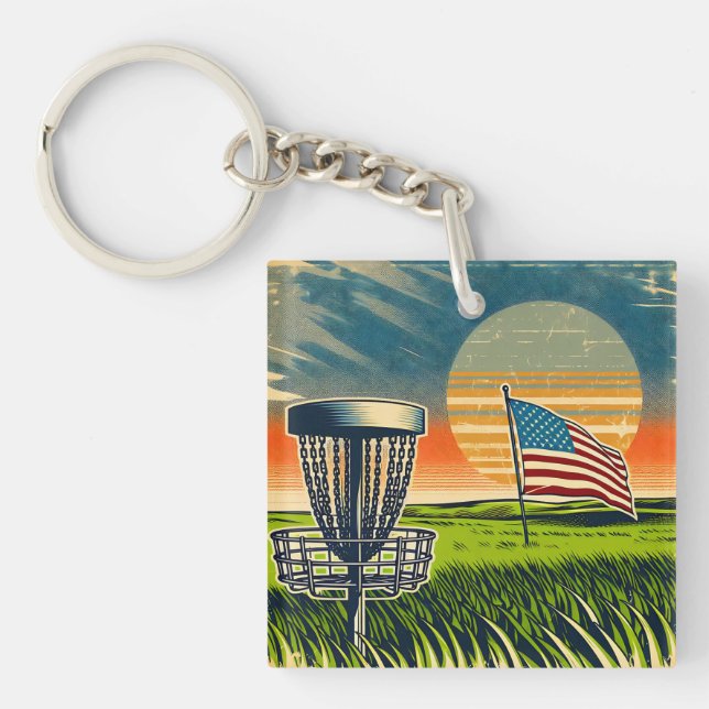 Vintage American Flag Disc Golf Vintage Sun Keychain (Front)