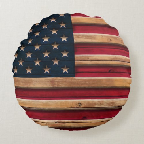 Vintage American Flag Distressed Wood Design Round Pillow