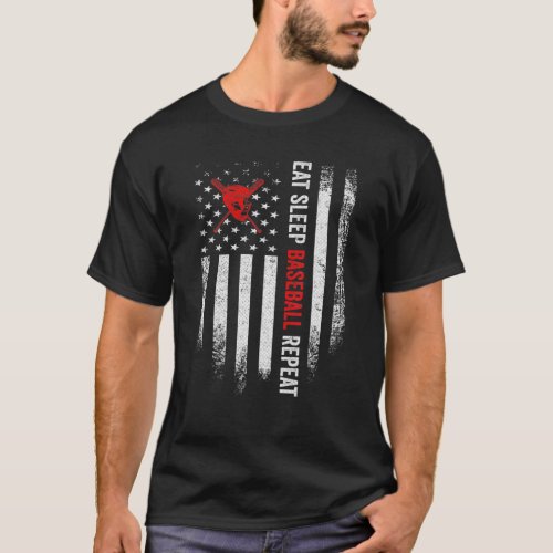 Vintage American Flag Eat Sleep Baseball Repeat Di T_Shirt