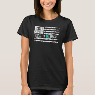 Vintage American Flag Eat Sleep Ski Repeat Skiing T-Shirt