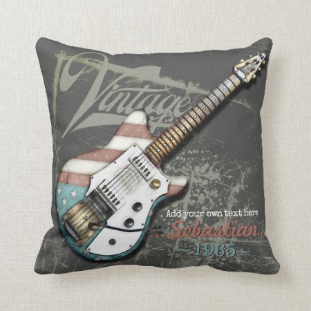 Vintage American Flag Electric Guitar Illustration Throw Pillow