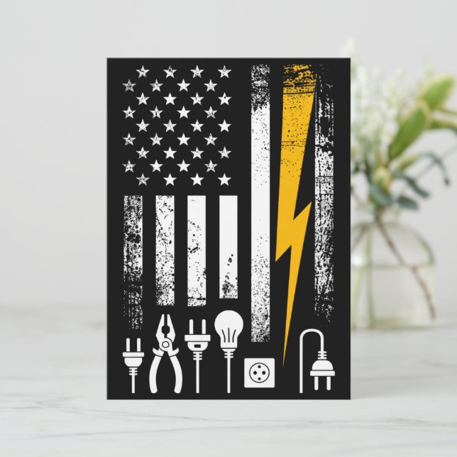 Vintage American Flag Lineman Electrician Tools Invitation (Standing Front)