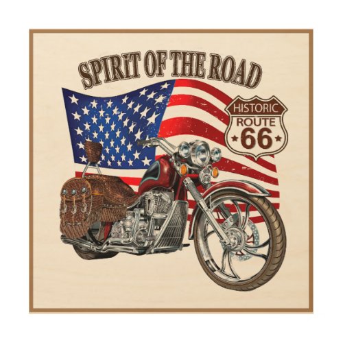 Vintage American Flag Motorcycle Route 66 Wood Wall Art