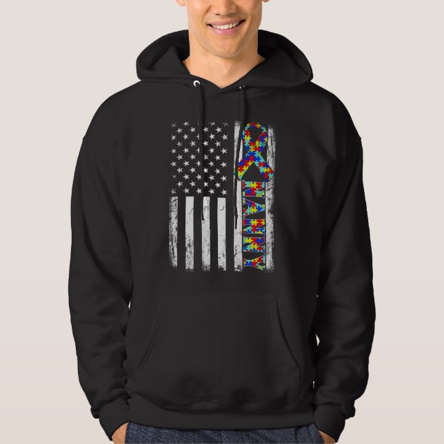 Vintage American Flag Nanny Autism Awareness Famil Hoodie (Front)