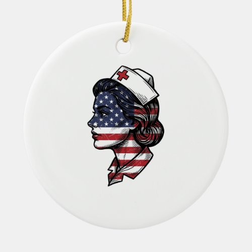 Vintage American Flag Nurse Profile Vector Design_ Ceramic Ornament