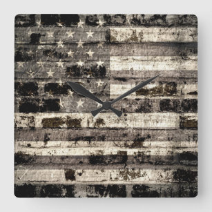 Vintage American Flag on Old Brick Wall Square Wall Clock