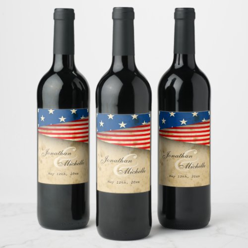 Vintage American Flag Patriotic US Wedding Wine Label