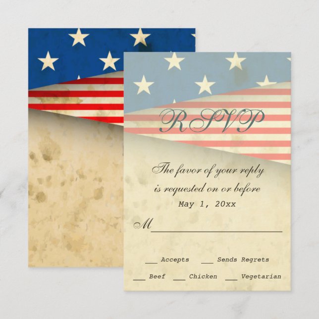 Vintage American Flag Patriotic Wedding RSVP Card (Front/Back)