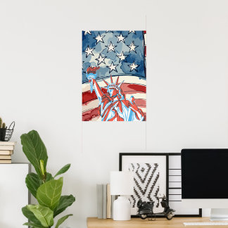 Vintage American Flag Statue of Liberty Wall Art P