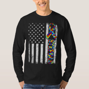 Vintage American Flag Stepdad Autism Awareness Fam T-Shirt