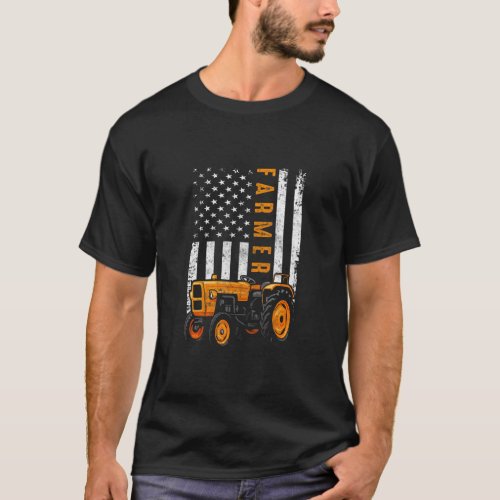 Vintage American Flag   Tractor Farmer Rancher Far T_Shirt