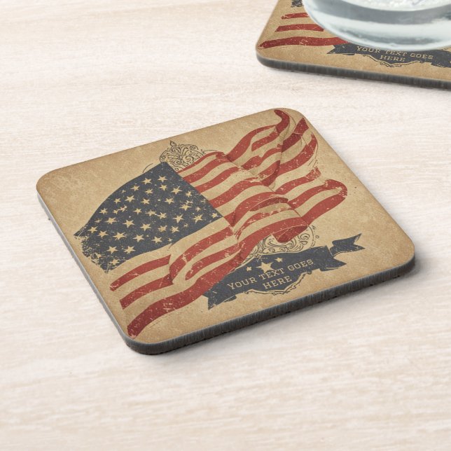 Vintage American flag with editable text Beverage Coaster (Left Side)