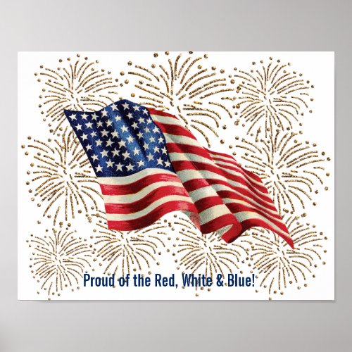 Vintage American Flag with Gold Glitter Fireworks Poster