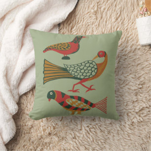 Vintage American Folk Art Birds Floral Art Throw Pillow