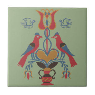 Vintage American Folk Art Birds Heart Floral Ceramic Tile