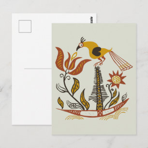Vintage American Folk Art Tulip Bird Custom Color Postcard