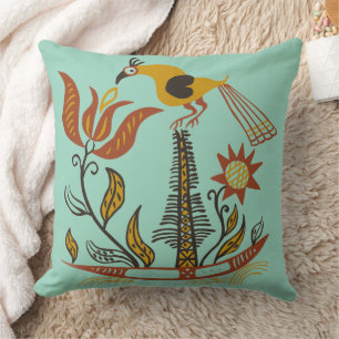 Vintage American Folk Art Tulip Bird Custom Color Throw Pillow