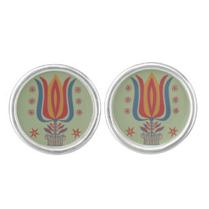 Vintage American Folk Art Tulip Floral Decor Cufflinks