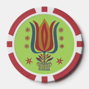 Vintage American Folk Art Tulip Floral Decor Poker Chips