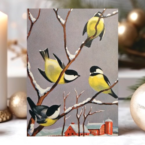 Vintage American Goldfinch Birds Winter Scene Holiday Card