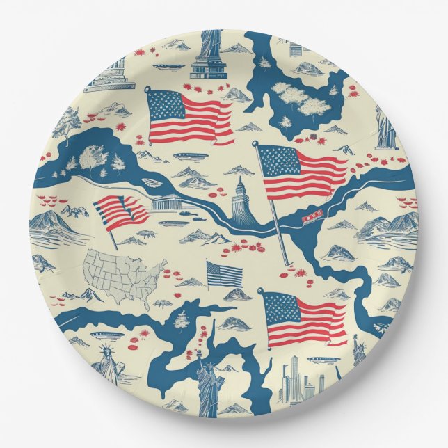 Vintage American Landmark Pattern (4) Paper Plates (Front)