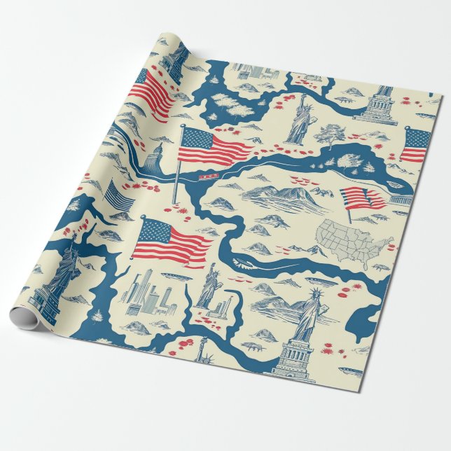 Vintage American Landmark Pattern (4) Wrapping Paper (Unrolled)