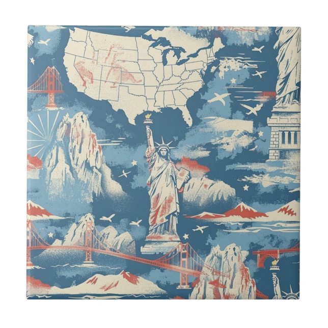 Vintage American Landmark Pattern – Liberty, USA  Ceramic Tile (Front)