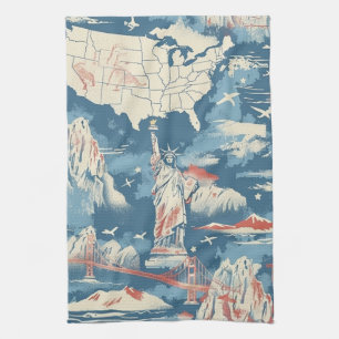 Vintage American Landmark Pattern – Liberty, USA Kitchen Towel