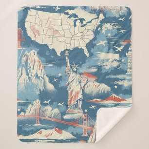 Vintage American Landmark Pattern – Liberty, USA  Sherpa Blanket