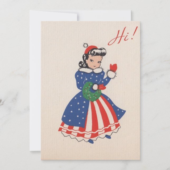 Vintage American Patriot Christmas Girl Holiday Card (Front)