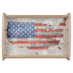 Vintage American Patriotic Map Flag On Wall Serving Tray