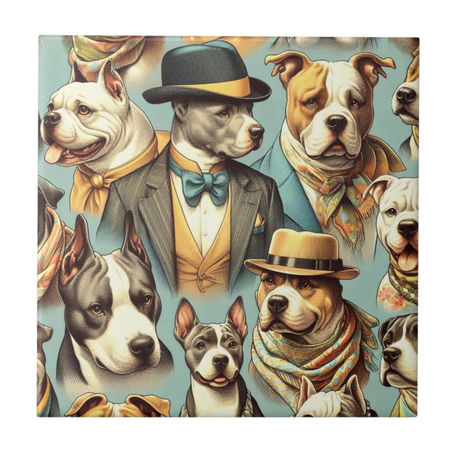 Vintage American Pit Bull Terrier Illustration Ceramic Tile (Front)