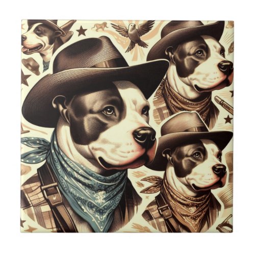 Vintage American Pit Bull Terrier Illustration Ceramic Tile