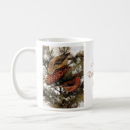 Vintage American Red Crossbill Birds Winter Pine Coffee Mug