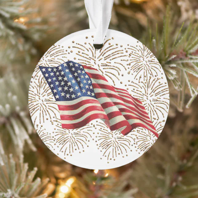 Vintage American USA Flag and July 4th Fireworks Ornament | Zazzle
