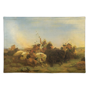 Vintage American West Art, Buffalo Hunt by Wimar Cloth Placemat