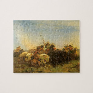 Vintage American West Art, Buffalo Hunt by Wimar Jigsaw Puzzle