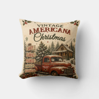 Vintage Americana Christmas Red Truck Holiday Card Throw Pillow