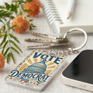 Vintage Americana Patriotic Folk Art Democrat Vote Keychain